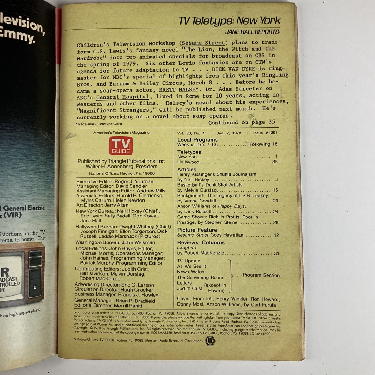 Inside page of TV Guide Magazine January 7, 1978 showcasing the contents and local program listings. Highlights include articles and reports on notable television events of the time.