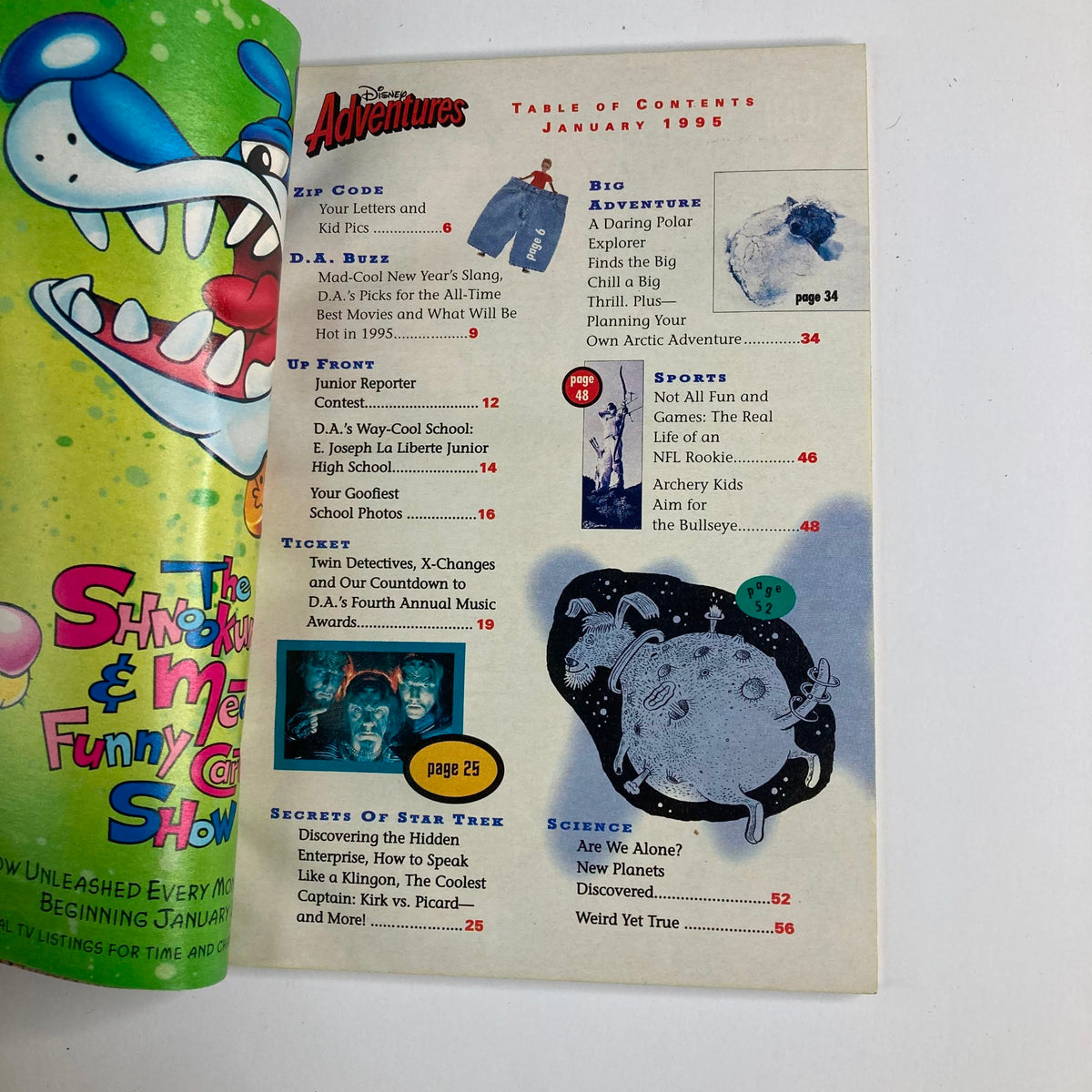 Interior page of Disney Adventures Magazine January 1995 displaying the table of contents, including sections on Star Trek secrets and other fun activities for kids.