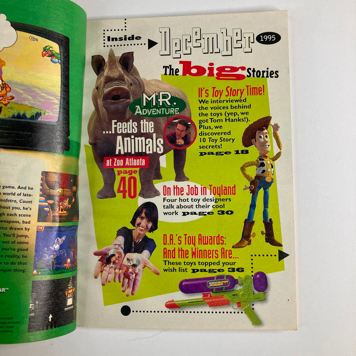 Inside page of Disney Adventures Magazine December 1995 showcasing big stories, including interviews with Toy Story designers.