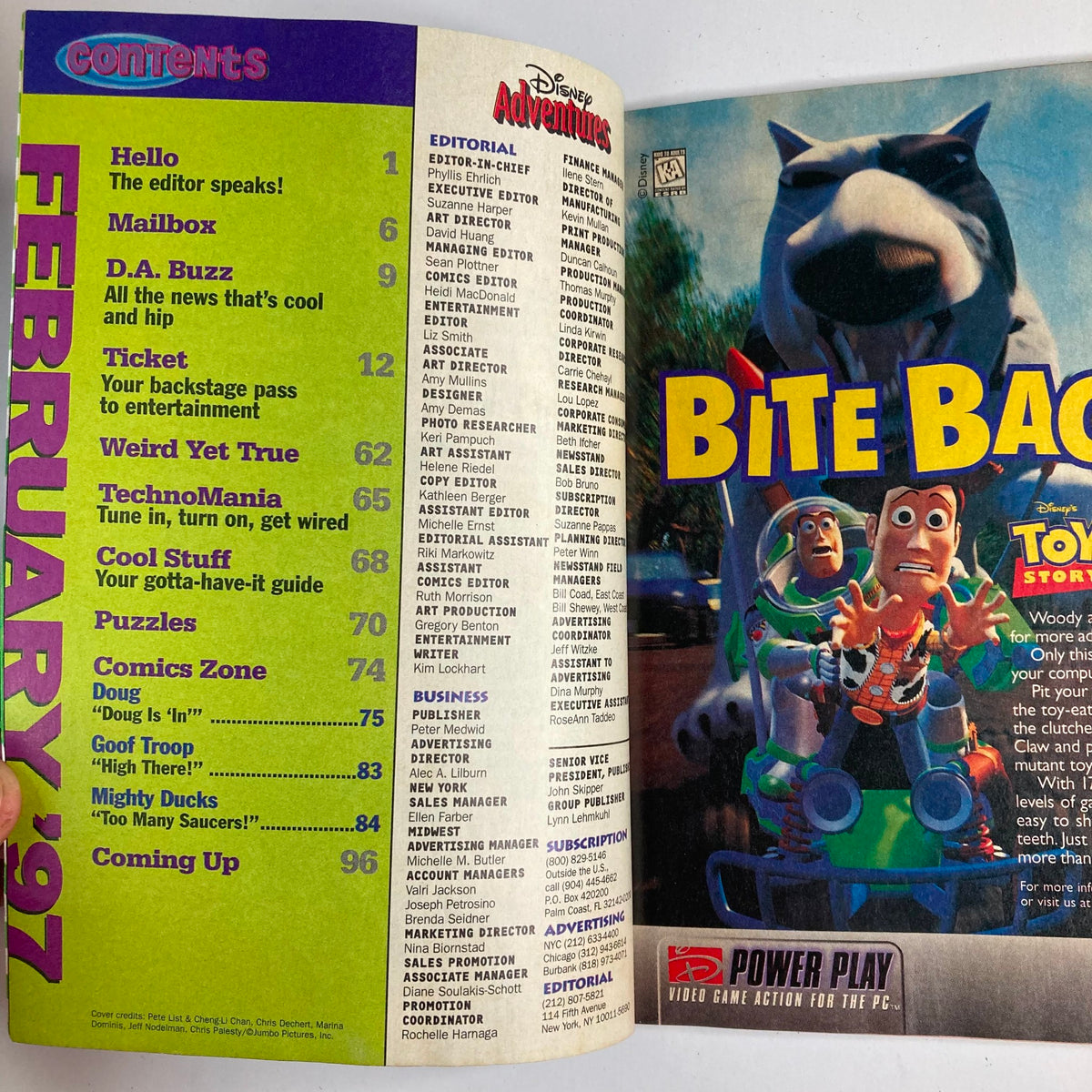 Contents page of Disney Adventures Magazine February 1997 Inside Doug's World featuring editorial sections, articles, and colorful graphics. Includes features like 'Hello', 'Mailbox', and 'TechnoMania'.