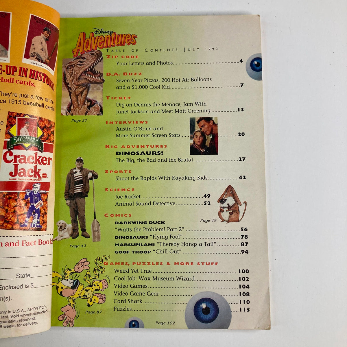 Inside page of Disney Adventures Magazine July 1993 showing the Table of Contents, featuring sections on dinosaurs, interviews, and various articles providing insight into the magazine's content.