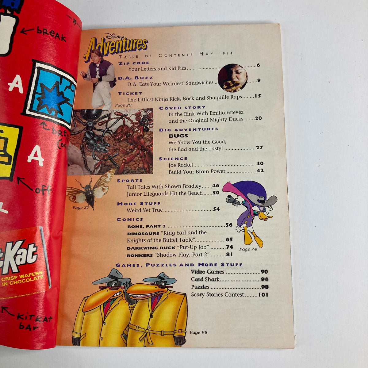 Inside page of Disney Adventures Magazine May 1994 showing the Table of Contents, including features about Emilio Estevez and The Original Mighty Ducks.