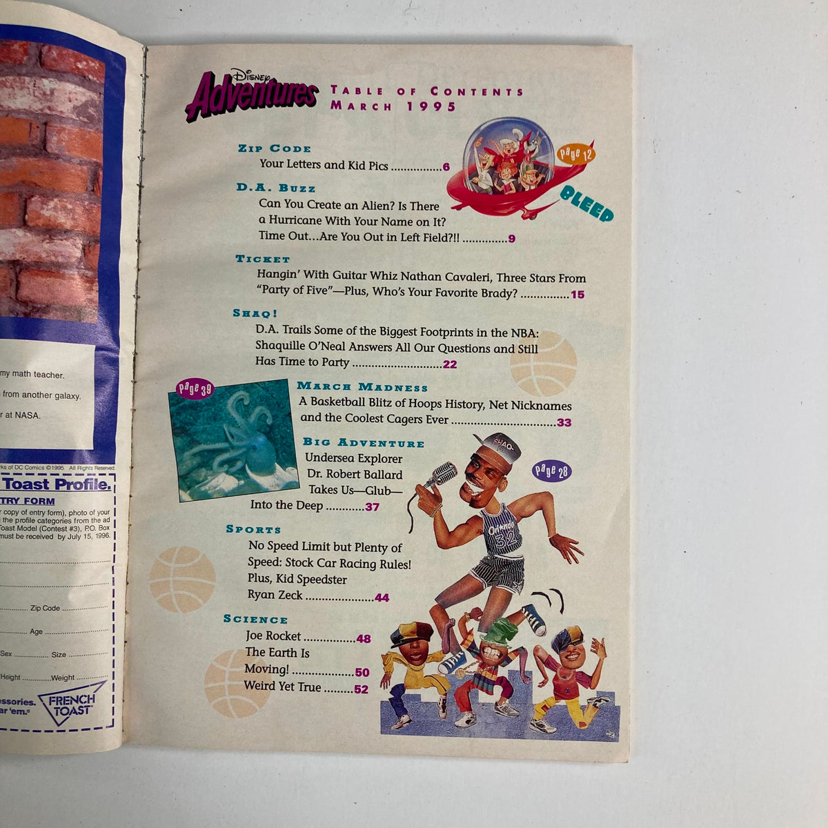 Inside page of Disney Adventures Magazine March 1995 displaying the table of contents, highlighting articles and features including Shaquille O'Neal.