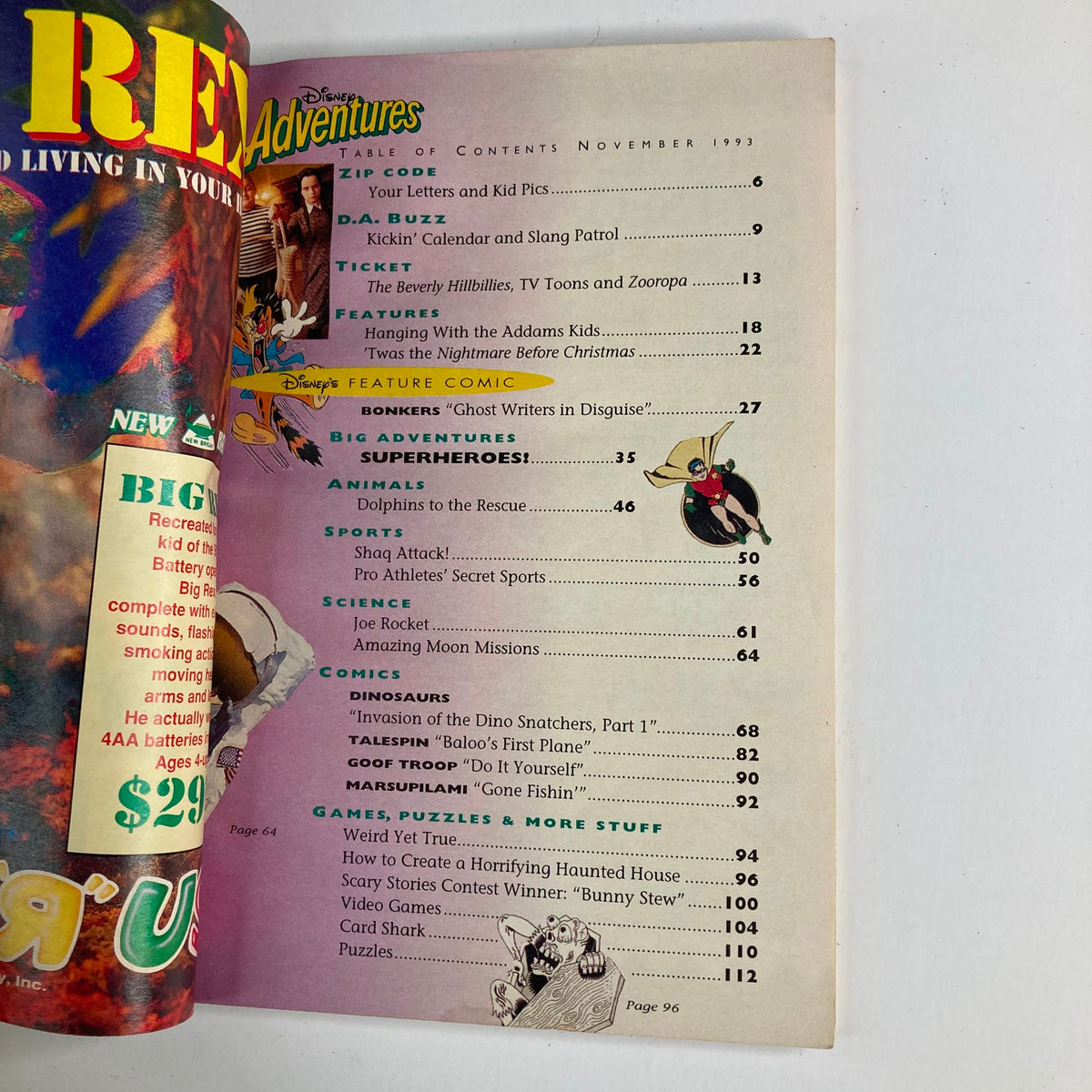 Table of contents from Disney Adventures Magazine, November 1993, featuring sections on big adventures, animals, sports, comics, games, and puzzles, showcasing nostalgia from the early 90s.