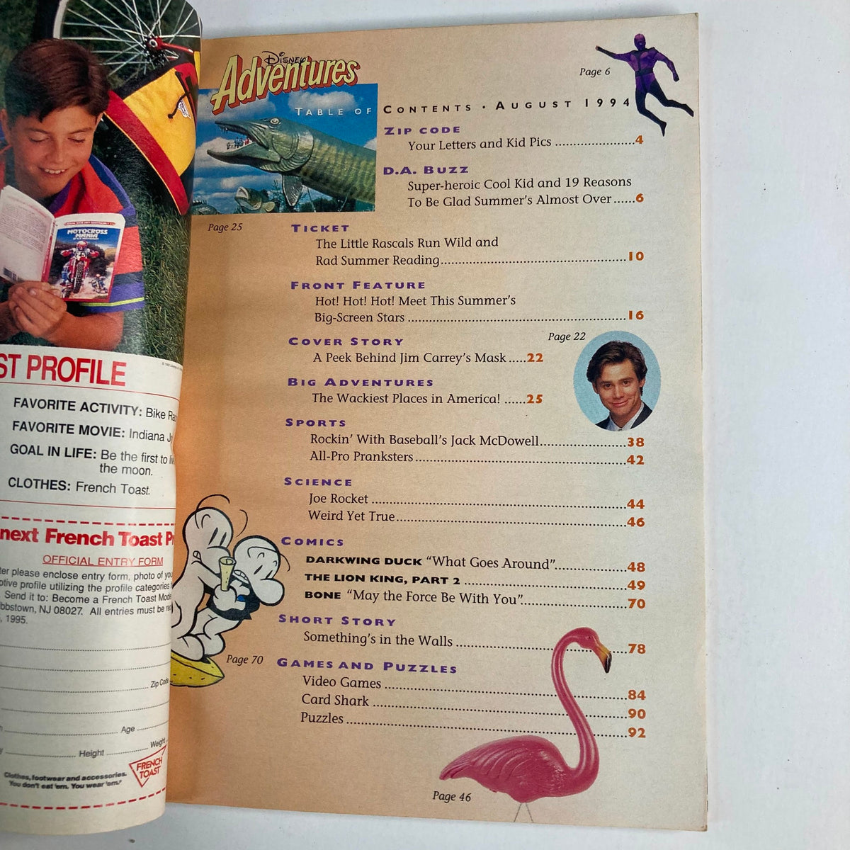 Table of contents page from Disney Adventures Magazine August 1994, highlighting articles about Jim Carrey's The Mask and baseball star Jack McDowell, along with fun features and puzzles.