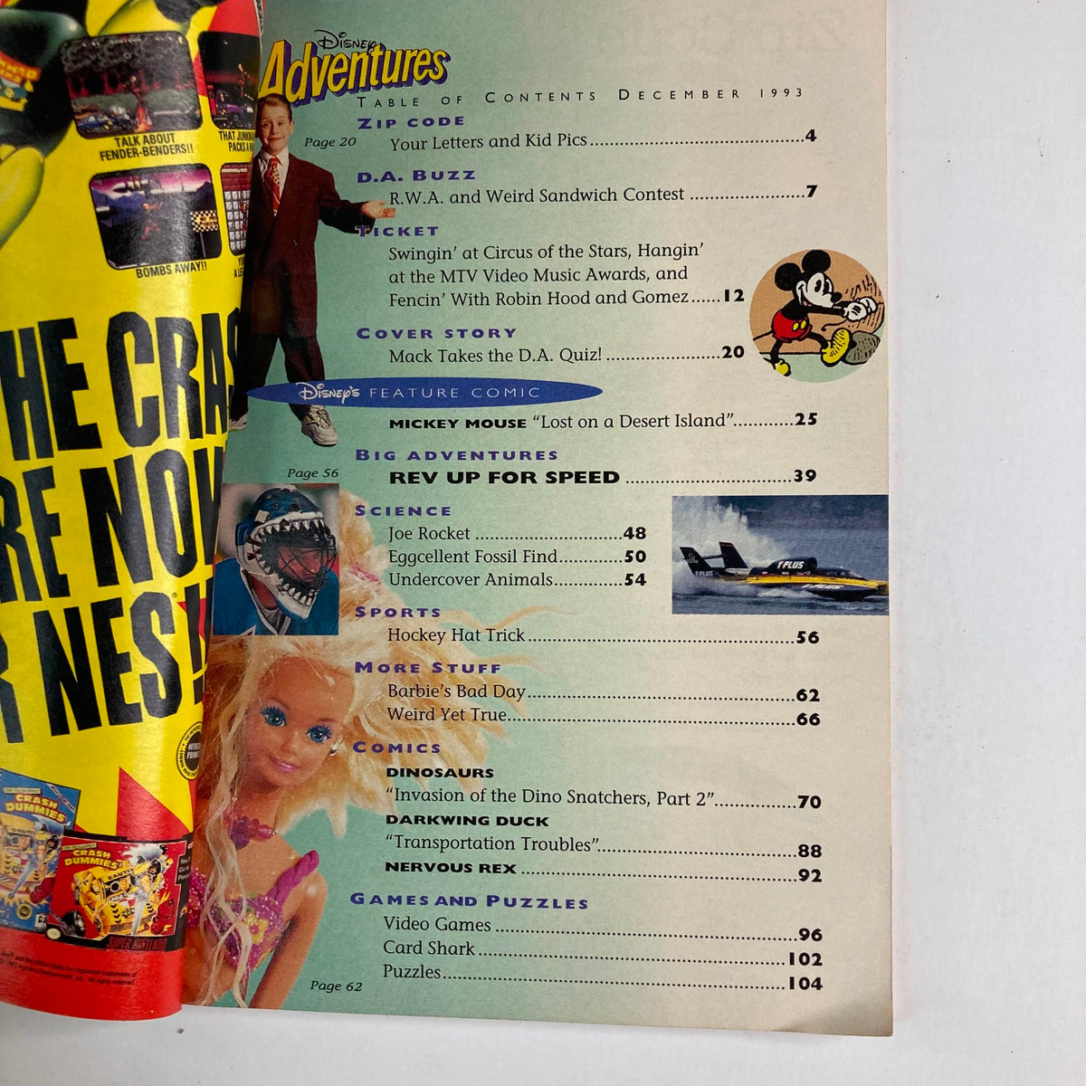 Table of contents page from Disney Adventures Magazine December 1993, highlighting featured articles including Mickey Mouse and various kid-friendly topics.