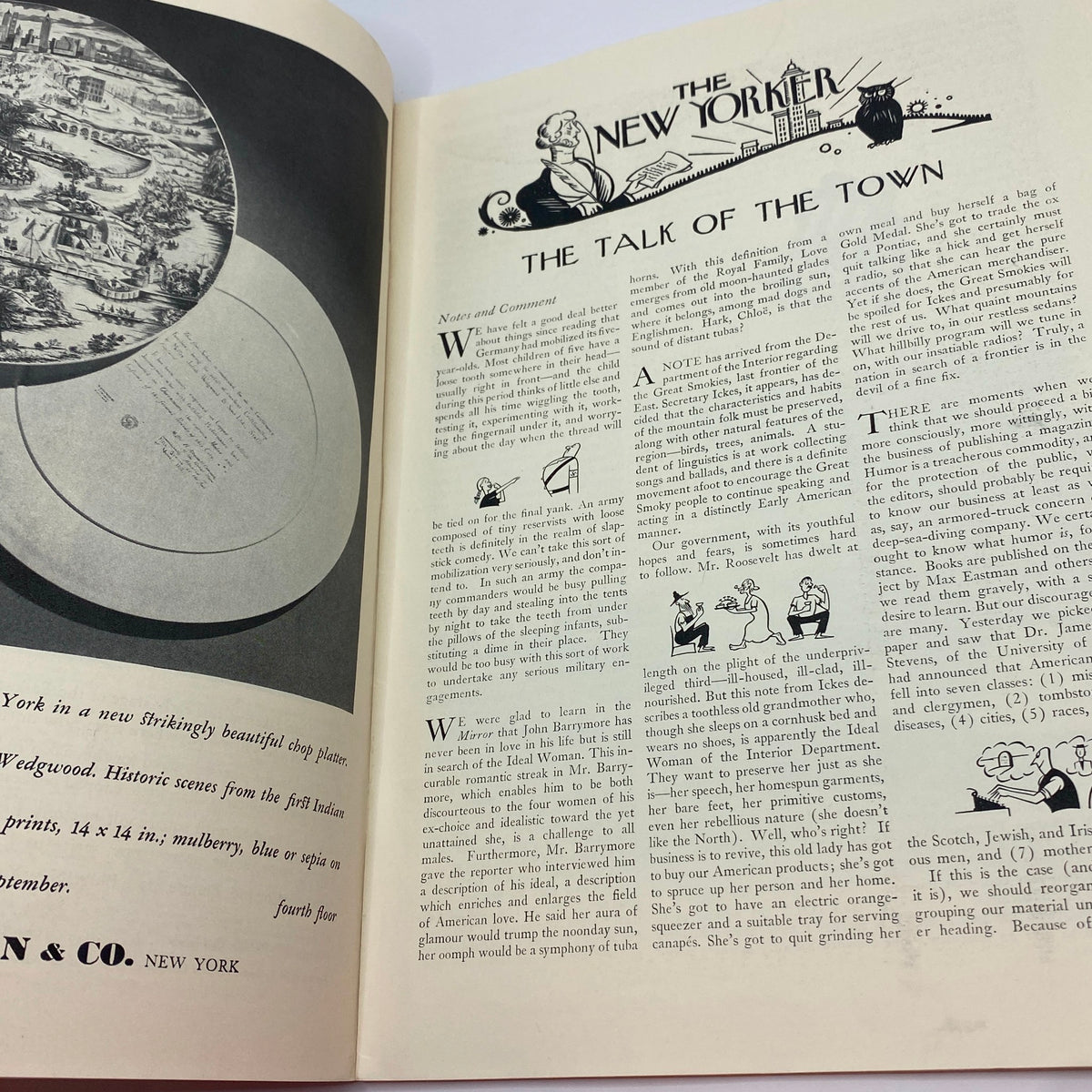 Interior page of The New Yorker magazine from August 26, 1939, highlighting 'The Talk of the Town' section with discussions and illustrations, capturing the essence of late 1930s New York culture.