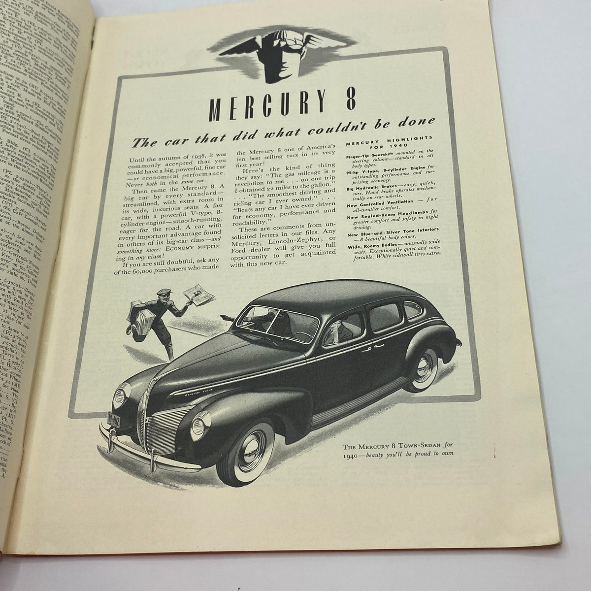 Advertisement for the Mercury 8 in The New Yorker magazine, October 28, 1939, highlighting the car's features and performance in a vintage design.