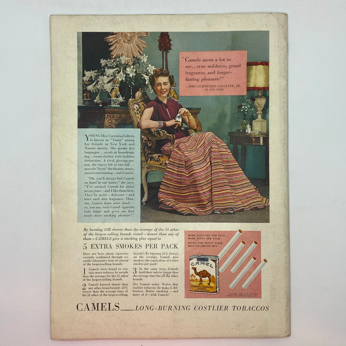 Vintage advertisement featuring a glamorous woman promoting Camel cigarettes, showcasing the beauty and fashion of the era. This ad is from the edition of The New Yorker magazine dated October 28, 1939, with cover art by Constantin Alajalov, highlighting the cultural trends of the time.
