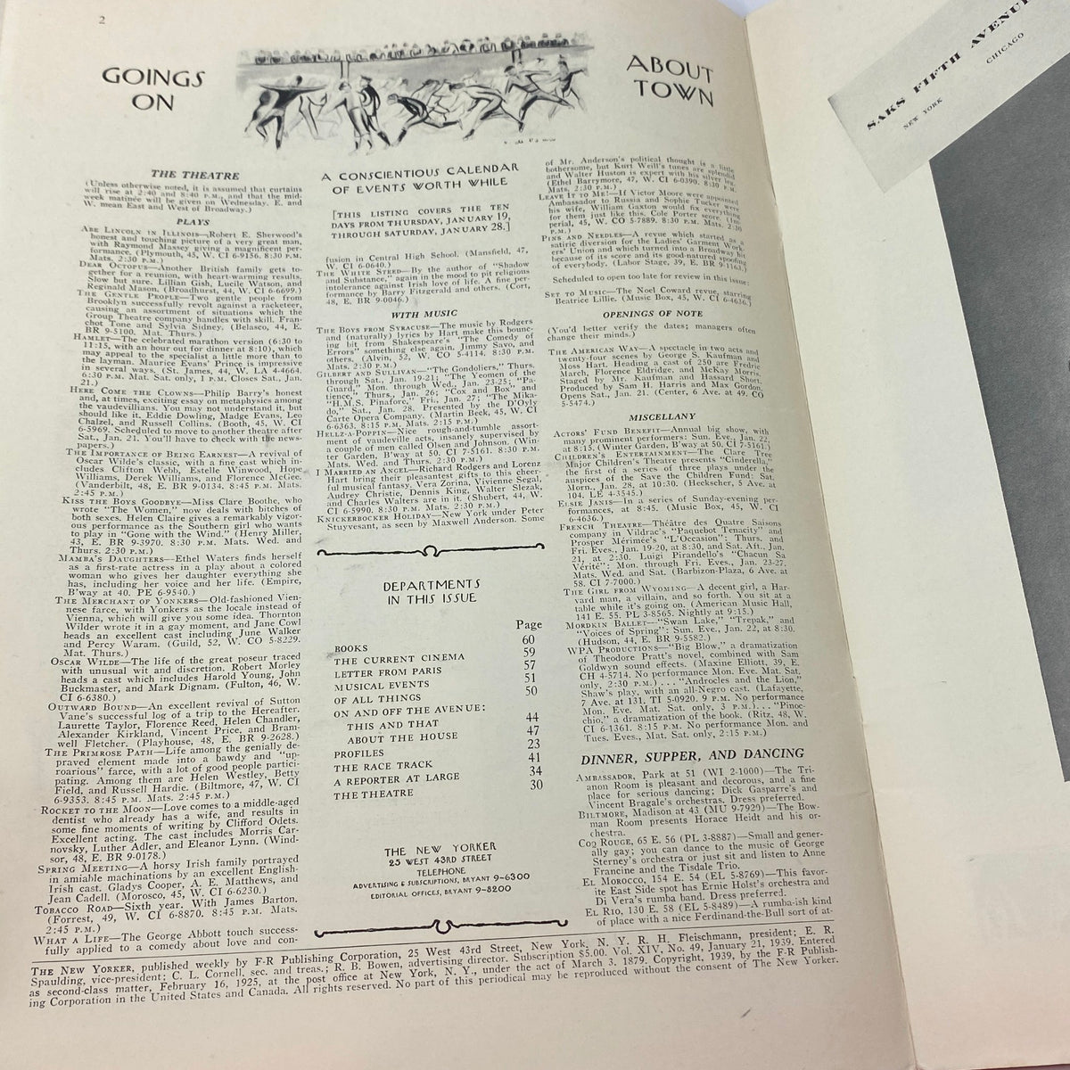 Goings On About Town section from The New Yorker, January 21, 1939, featuring a calendar of events and theater listings, showcasing the magazine's editorial style.