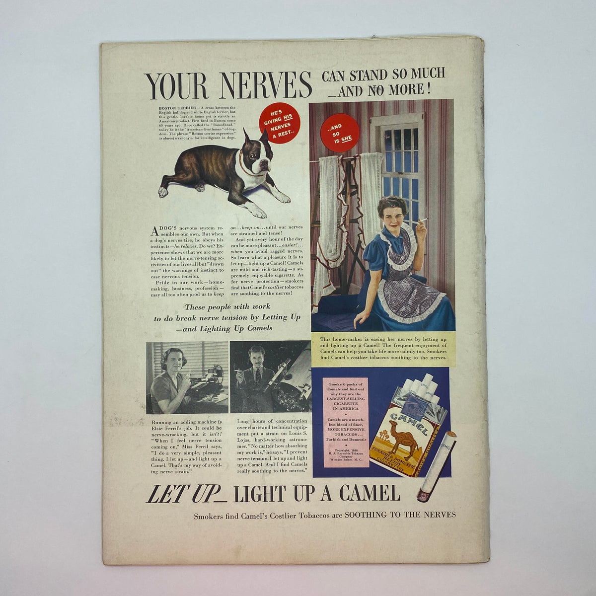 Camel cigarette advertisement from The New Yorker, January 21, 1939, highlighting a woman relaxing at home and promoting Camel cigarettes as soothing to the nerves.