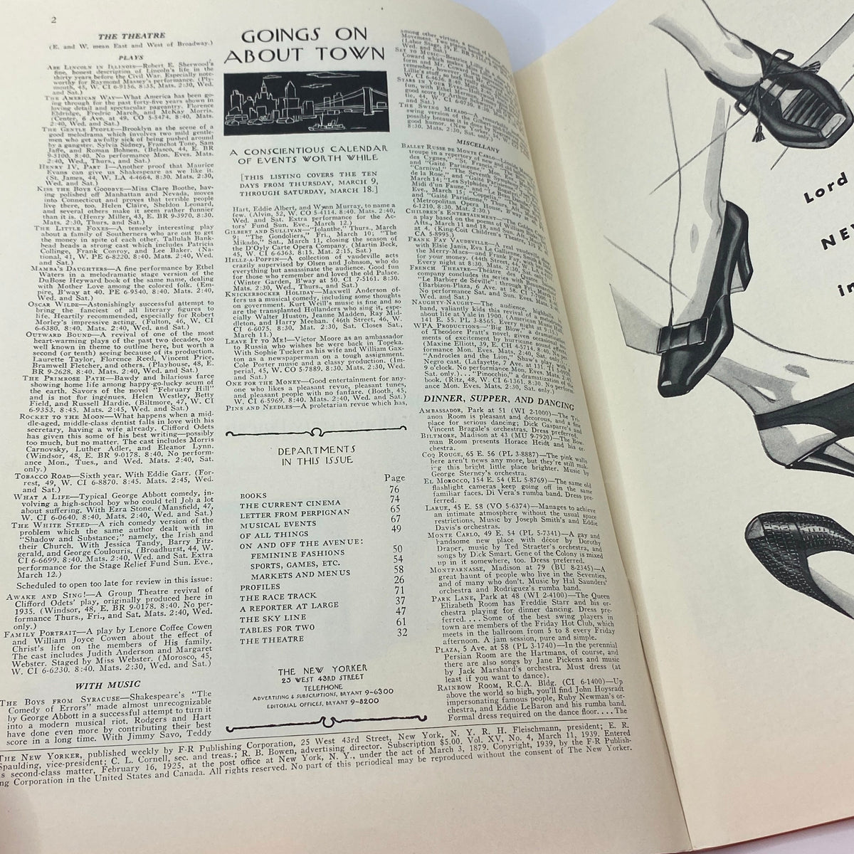 Interior page of The New Yorker Complete Magazine March 11, 1939 featuring the 'Goes On About Town' article, showcasing events and entertainment listings, with a vintage layout.