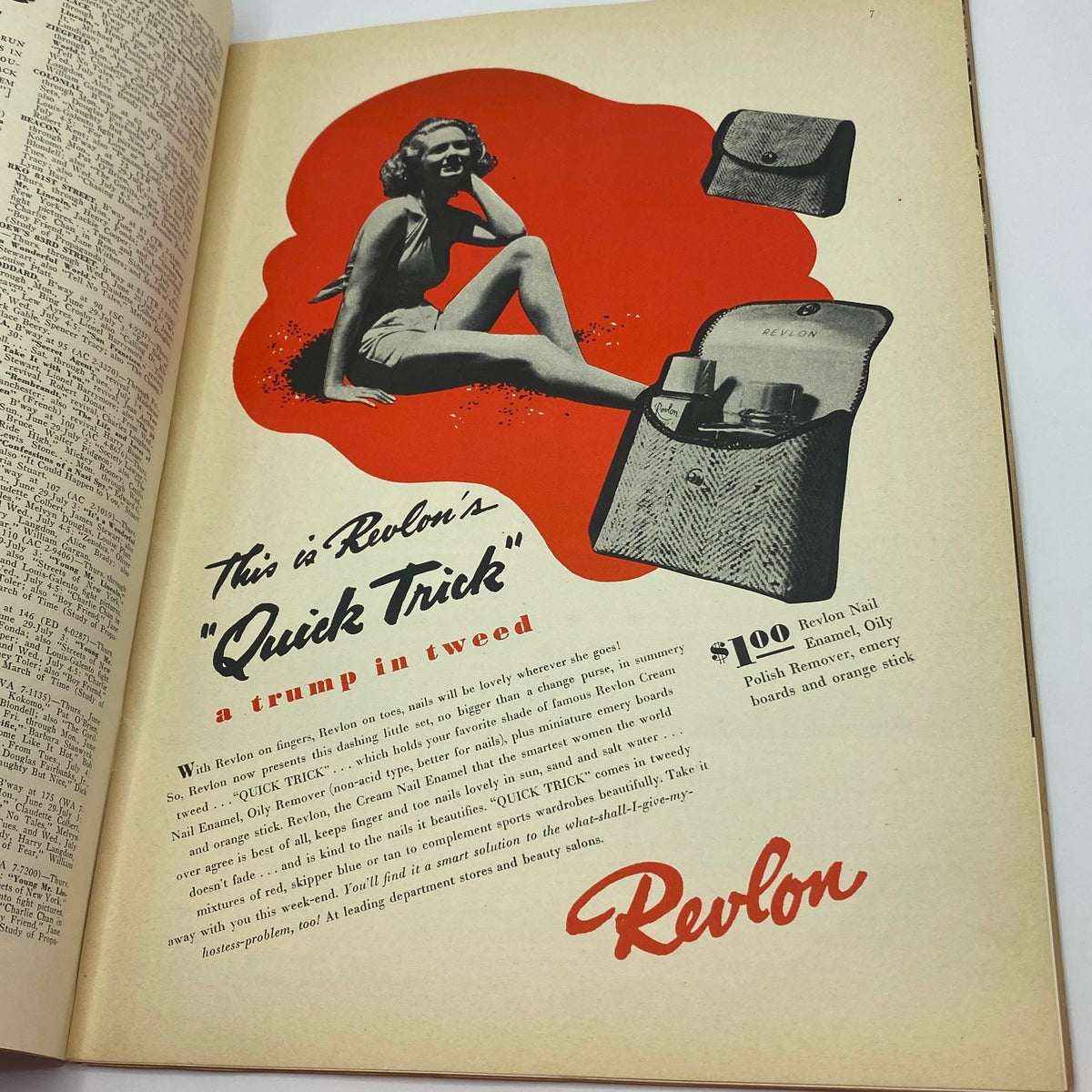 Advertisement for Revlon's 'Quick Trick' featured in The New Yorker magazine, showcasing a woman in a swimsuit promoting a nail care product.