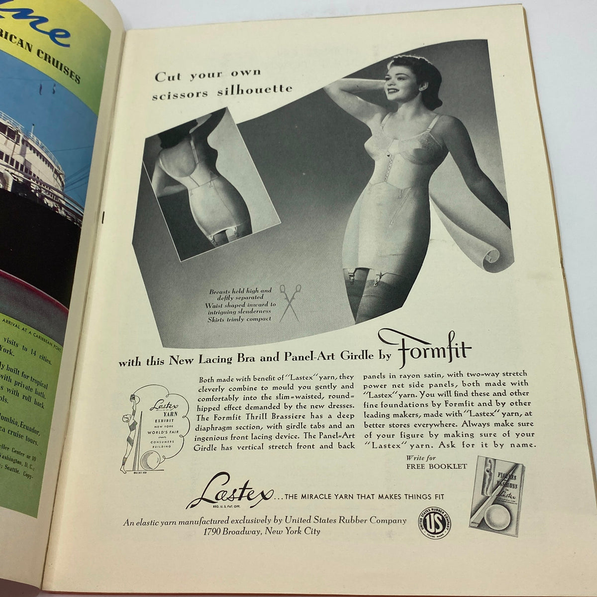 Advertisement from The New Yorker, July 15, 1939 featuring a woman modeling Formfit's Lacing Bra and Panel-Art Girdle, showcasing vintage lingerie fashion and the use of 'Laxtex' yarn.