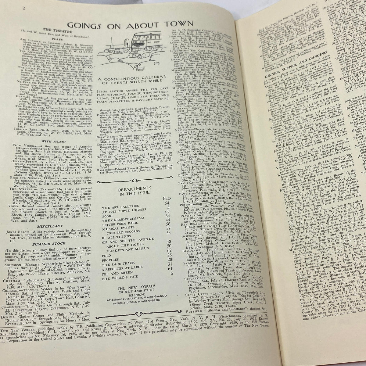 Inside view of The New Yorker magazine, July 22, 1939, showcasing feature articles and events, in very good condition.