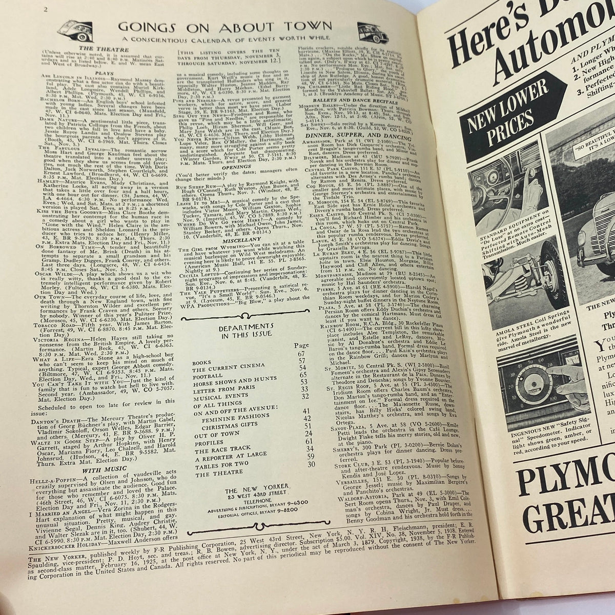 Inside page of The New Yorker Complete Magazine November 5, 1938 featuring listings and events in city life.