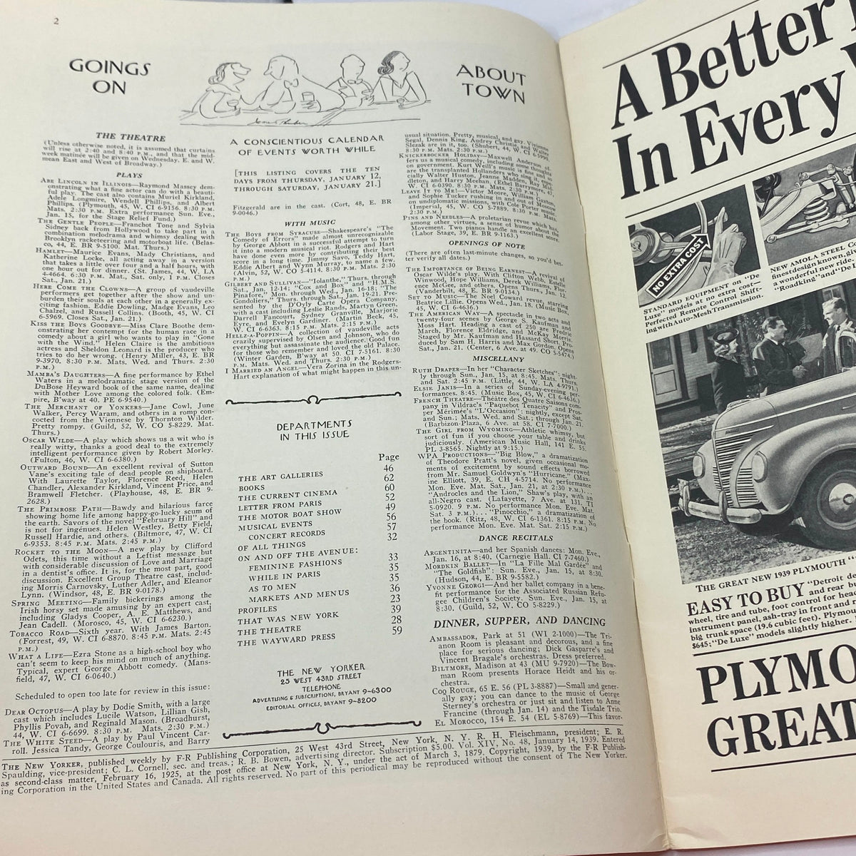 Interior pages of The New Yorker Complete Magazine from January 14, 1939, featuring 'Goings On About Town' and a calendar of events, showcasing the magazine's layout and typography.