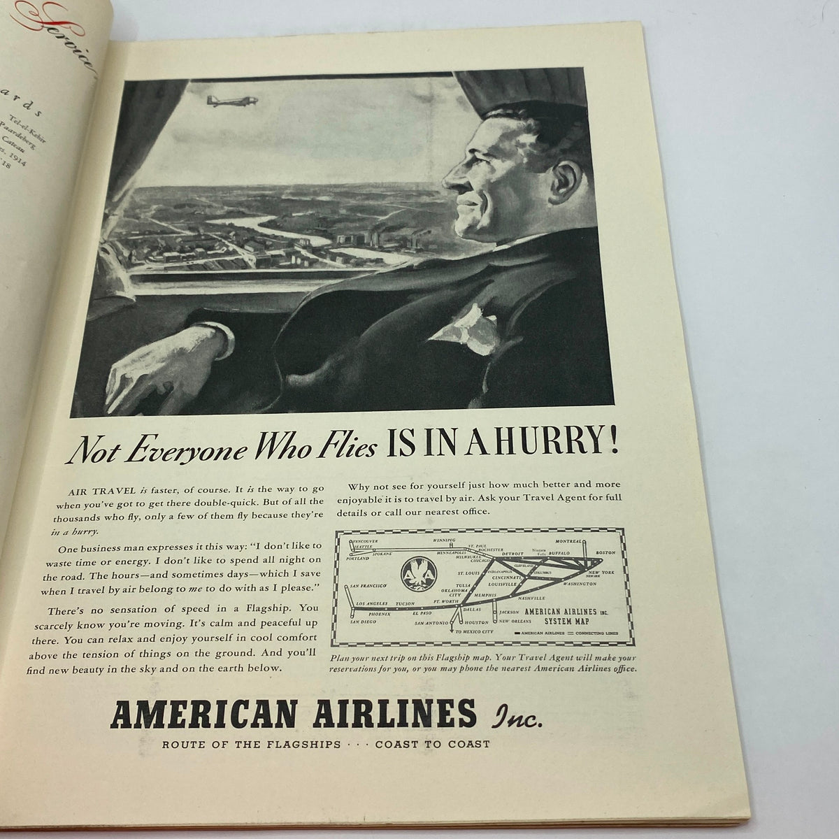 Advertisement page from The New Yorker Complete Magazine August 12, 1939 promoting American Airlines with a depiction of a man enjoying the view from an airplane.