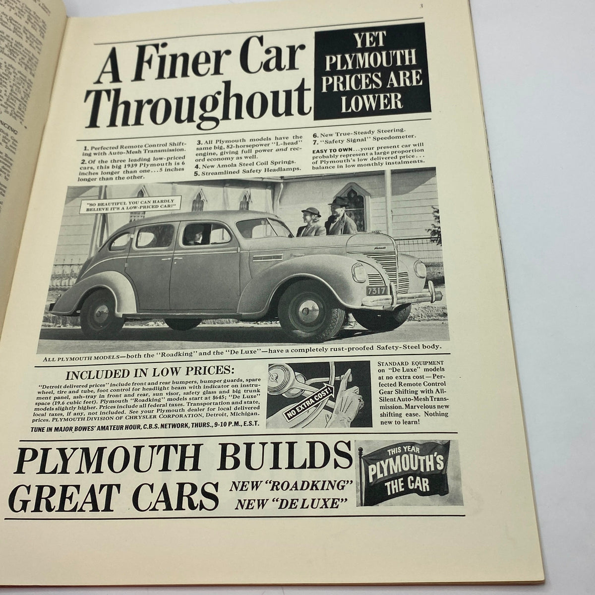 Vintage advertisement for Plymouth cars featured in The New Yorker magazine, showcasing a 1930s Plymouth vehicle with promotional text highlighting its affordability and features, from the issue dated January 28, 1939.