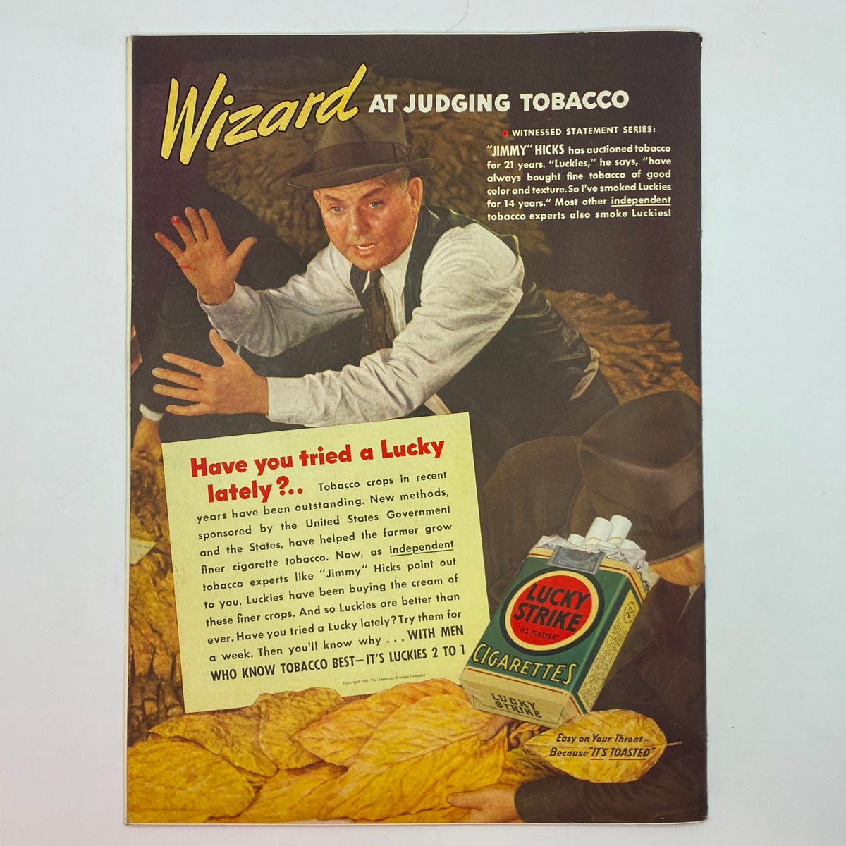 Retro Lucky Strike cigarette advertisement featuring Jimmy Hicks, promoting the quality and selection of tobacco, from The New Yorker magazine dated January 28, 1939.