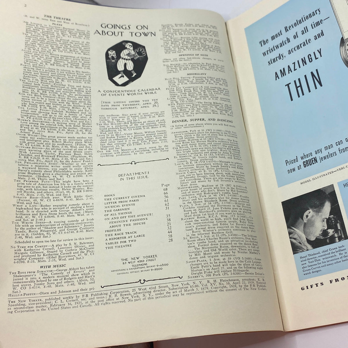 Interior page from The New Yorker magazine, April 22, 1939, featuring listings of events and articles with a segment titled 'Goings On About Town'. A great collectible for vintage magazine enthusiasts.