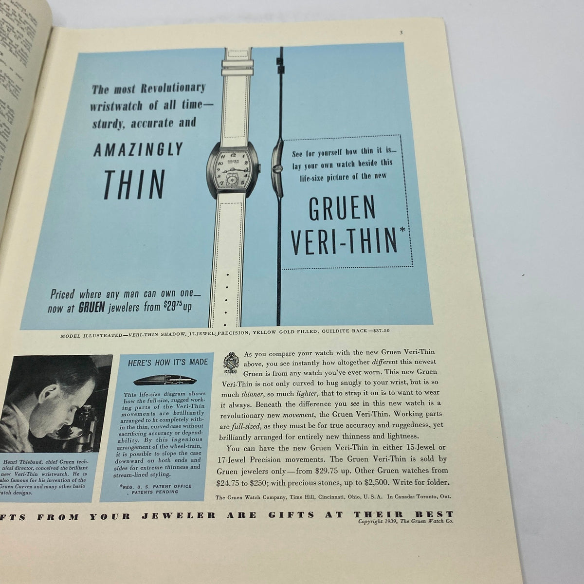 Advertisement for the Gruen Veri-Thin wristwatch in The New Yorker magazine, April 22, 1939, highlighting its revolutionary thin design and features, a nostalgic look for collectors.