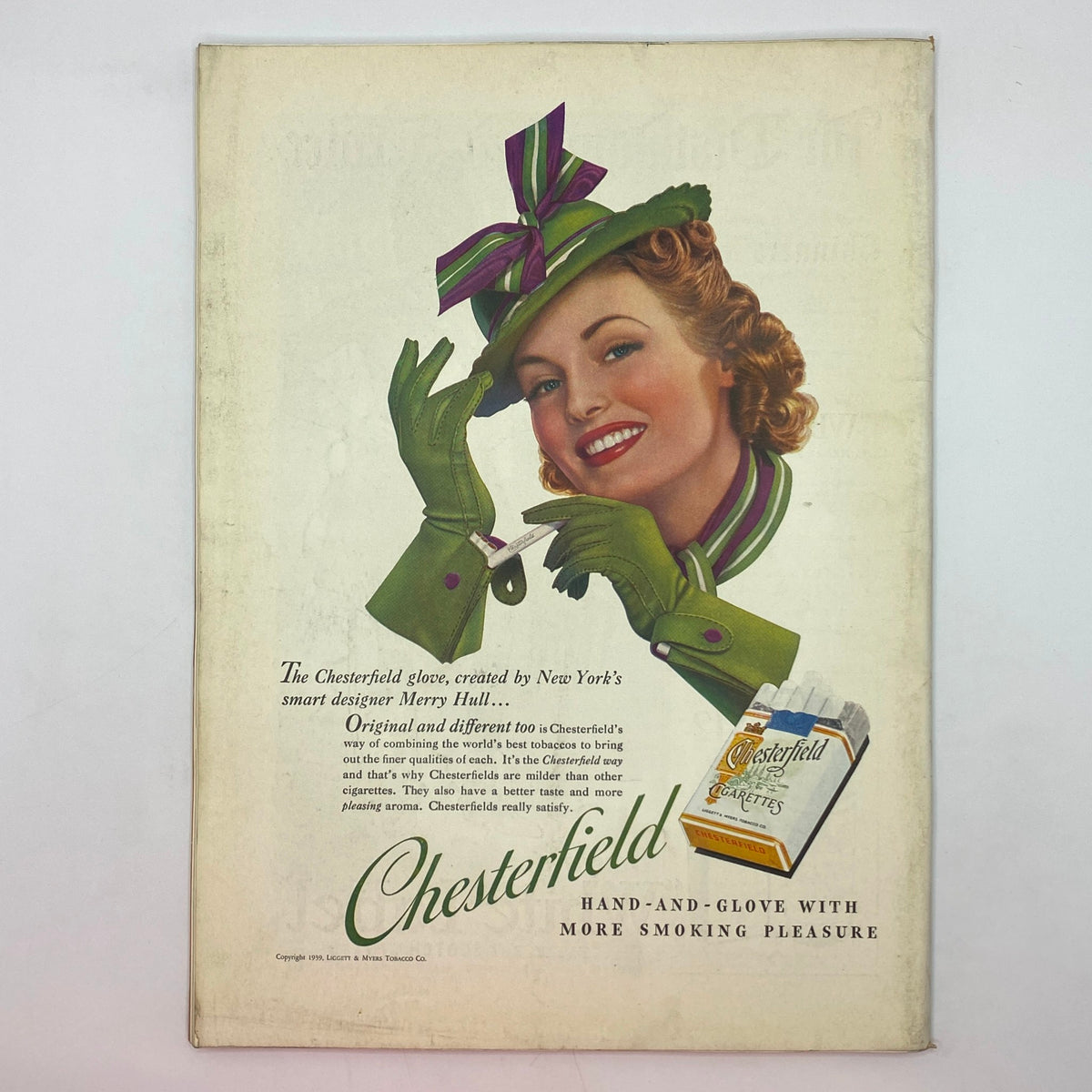 Vintage Chesterfield cigarette advertisement from The New Yorker April 29, 1939 featuring a smiling woman wearing green gloves and a colorful hat, promoting the brand's unique selling points.