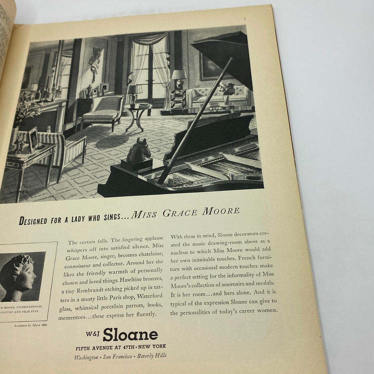 Interior page from The New Yorker Complete Magazine May 6, 1939 with an illustration titled 'Designed for a lady who sings... Miss Grace Moore', showcasing a stylish interior and a grand piano.