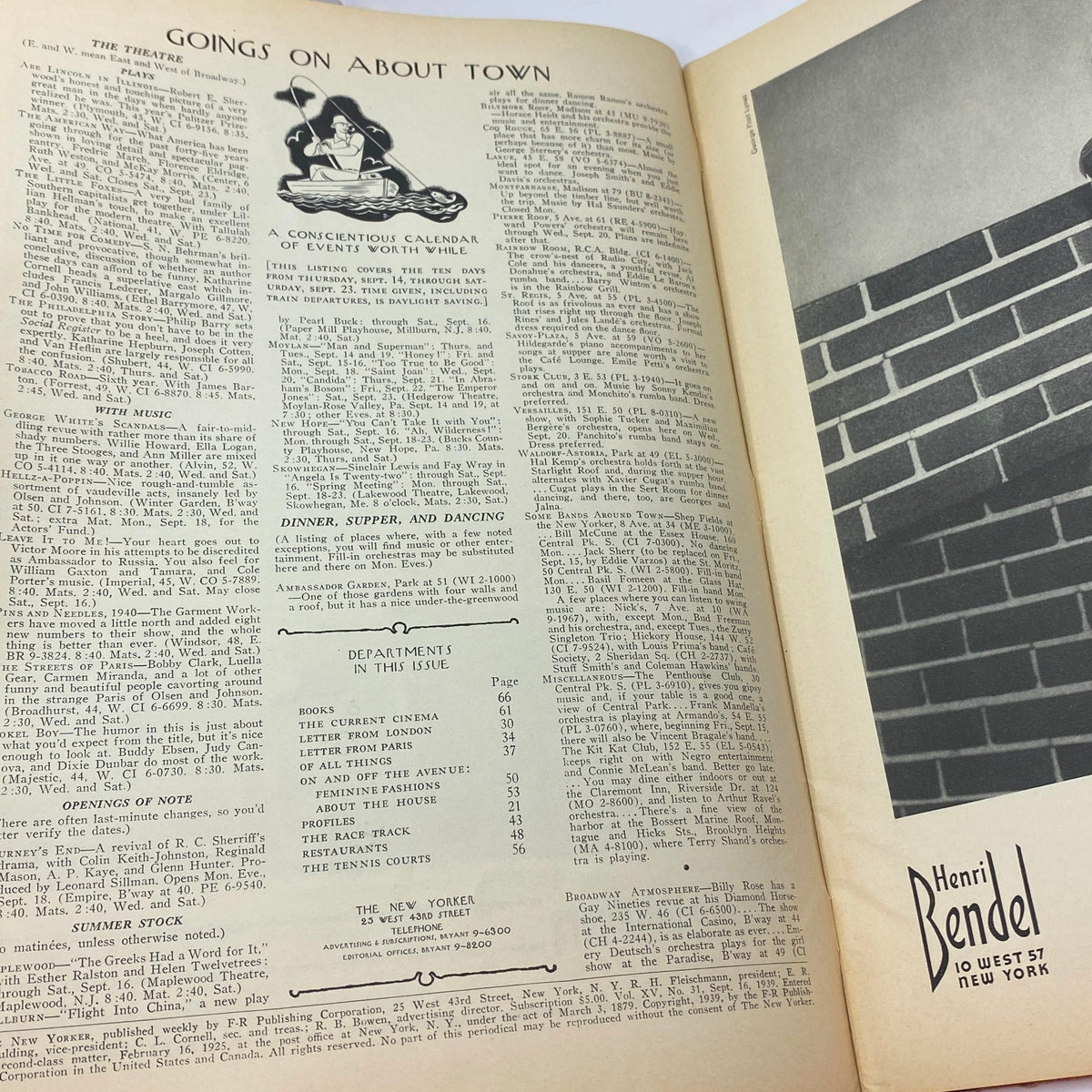 Interior page of The New Yorker Complete Magazine September 16, 1939 featuring 'Goings On About Town' section and events calendar, showcasing vintage style and typography.