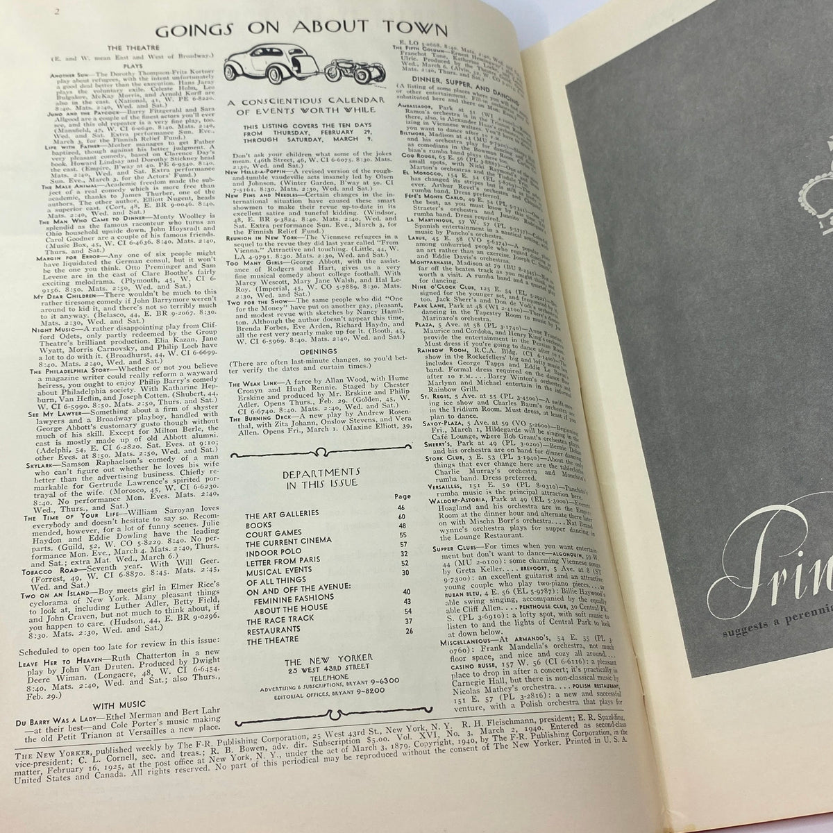 Interior page from The New Yorker Complete Magazine March 2, 1940 featuring articles and events calendar, showcasing vintage typography and layout.