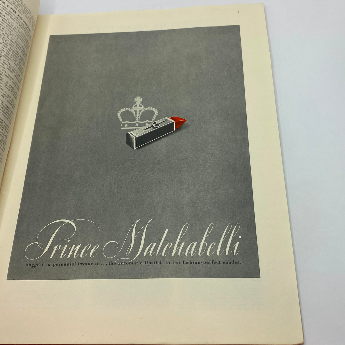 Vintage advertisement from The New Yorker March 2, 1940 featuring Prince Matchabelli lipstick with a crown logo, highlighting its elegance.