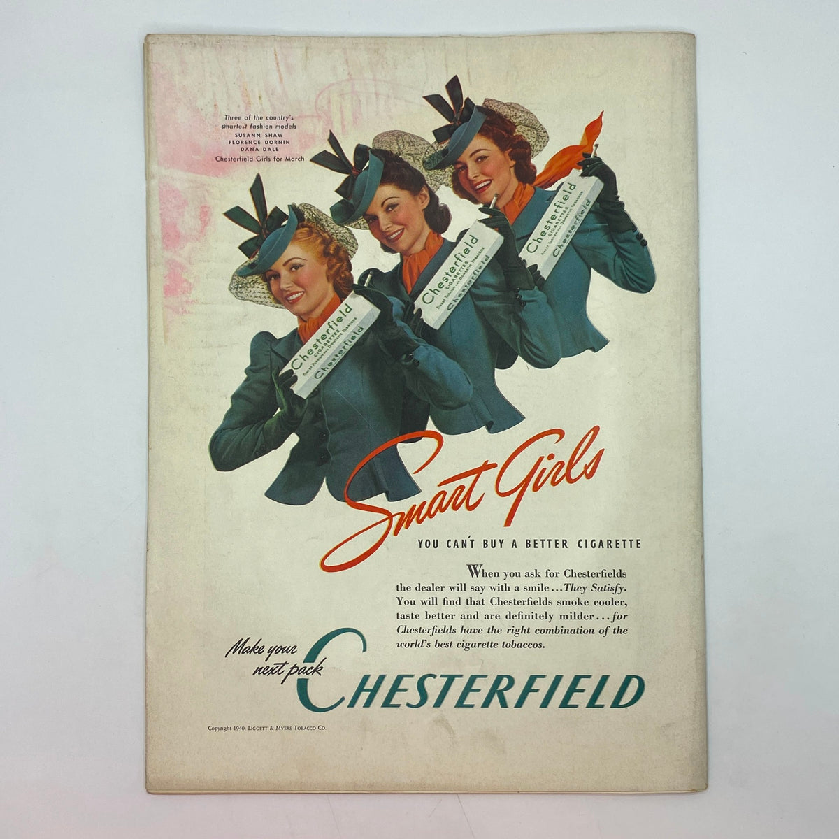 Vintage advertisement from The New Yorker March 2, 1940 showcasing three glamorous models promoting Chesterfield cigarettes in stylish outfits.