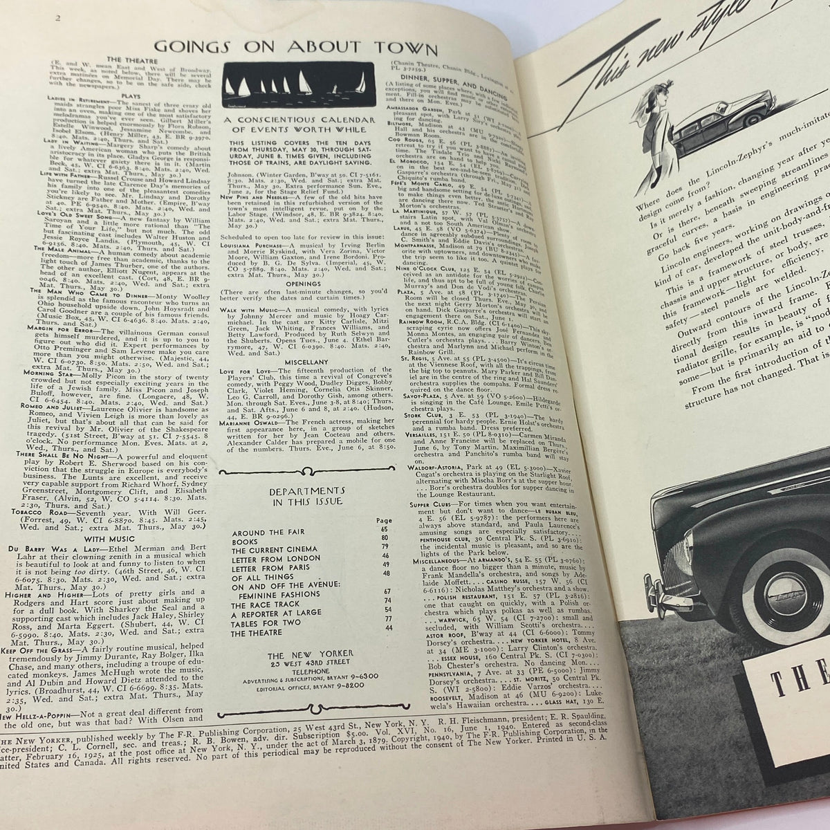 Interior page of The New Yorker magazine, June 1, 1940, featuring listings and events in 'Goings on About Town'. This edition showcases the unique cultural landscape of the era, as presented in the vintage artwork by William Cotton.