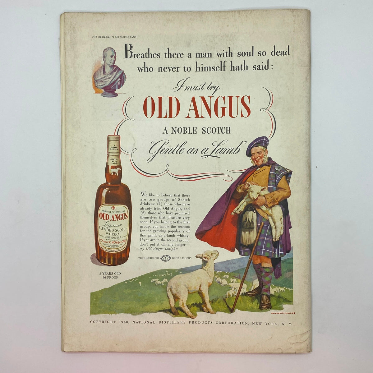Page from The New Yorker magazine dated June 1, 1940 showcasing an advertisement for Old Angus Scotch whisky, with a depiction of a Scottish man and a lamb.