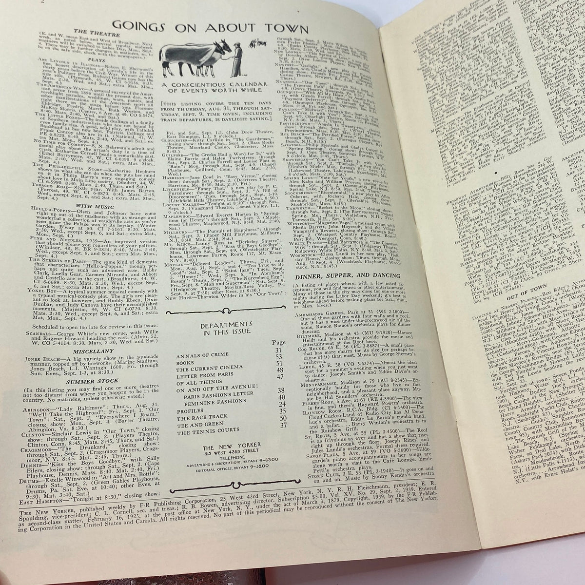 Interior page of The New Yorker Complete Magazine from September 2, 1939, featuring the section 'Goings on About Town' with listings of events and activities. The magazine cover designed by Ilonka Karasz adds cultural context to this vintage collectible.