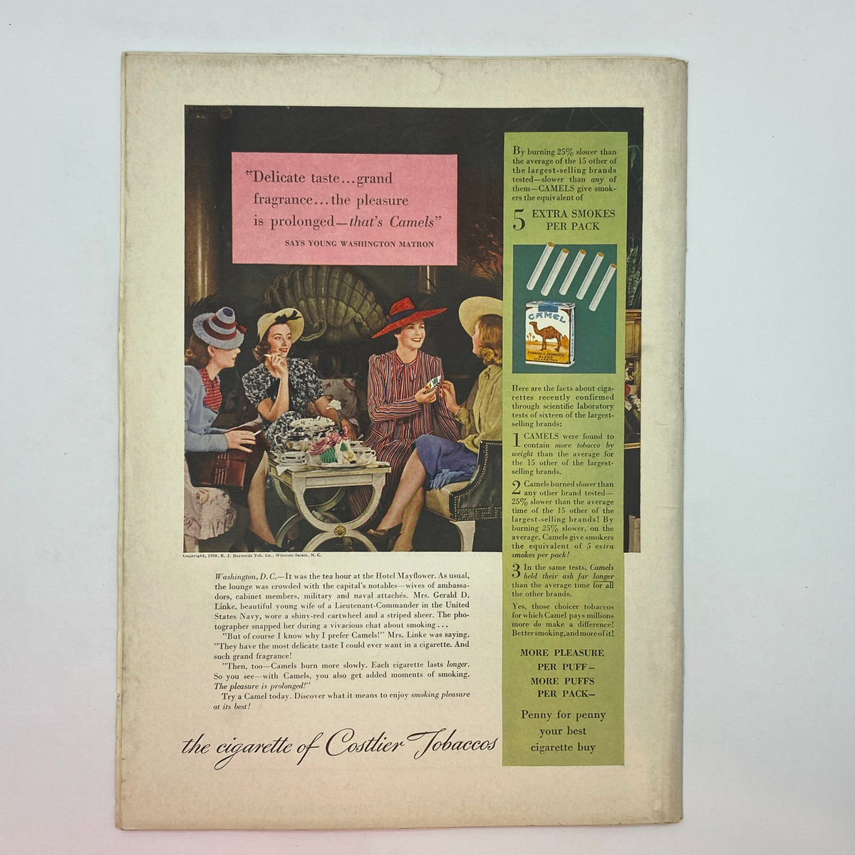 Vintage advertisement from the New Yorker magazine dated September 2, 1939, featuring women in stylish hats enjoying tea, promoting Camels cigarettes with a colorful design and historical context.