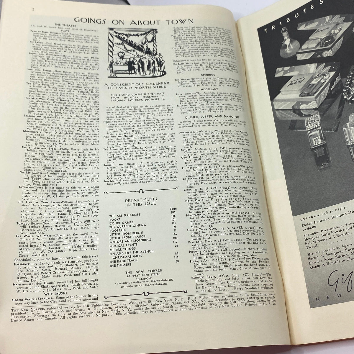 The New Yorker Complete Magazine December 9, 1939, showing the 'Goings On About Town' section with a calendar of events and listings.