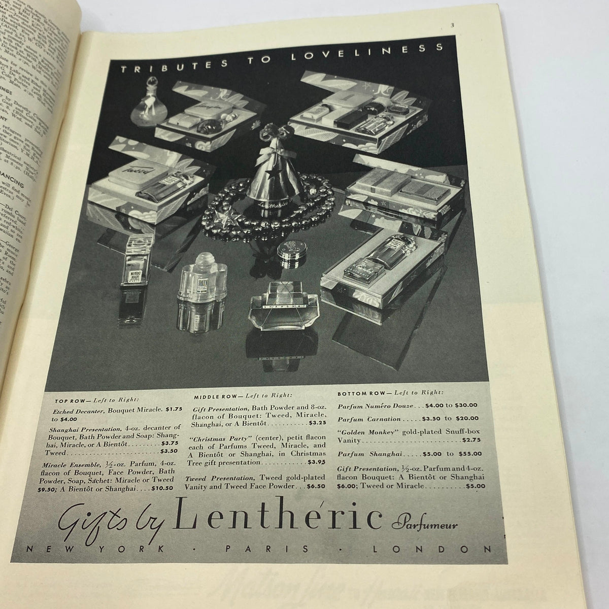 The New Yorker Complete Magazine December 9, 1939, featuring a tribute page titled 'Tributes to Loveliness' showcasing luxury gifts and perfumes.