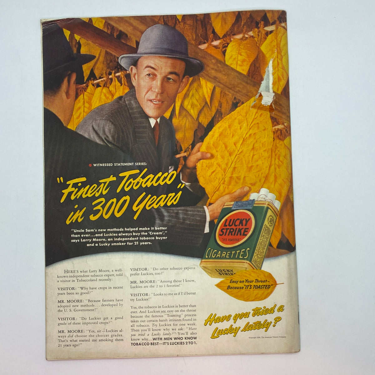 Vintage advertisement for Lucky Strike cigarettes in The New Yorker magazine, November 4, 1939, showcasing tobacco harvesting.