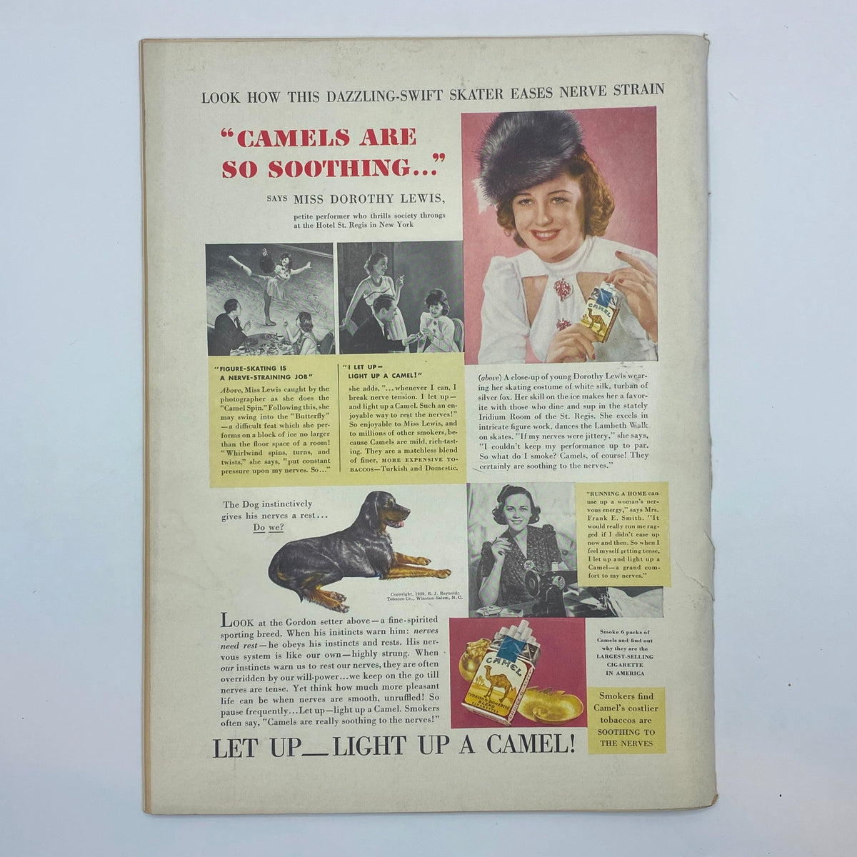 Advertising page from The New Yorker Complete Magazine February 18, 1939 featuring a Camel cigarette advertisement with a smiling woman and imagery related to skating.