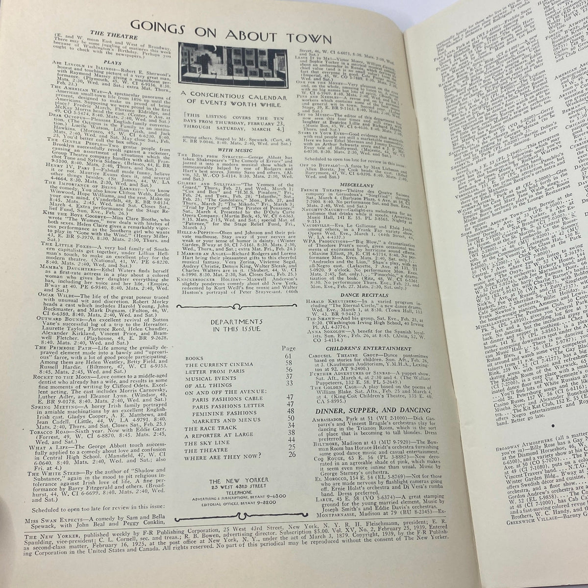 Inside page of The New Yorker Magazine from February 25, 1939, featuring the 'Goings on About Town' section, listing cultural events and activities of the time.