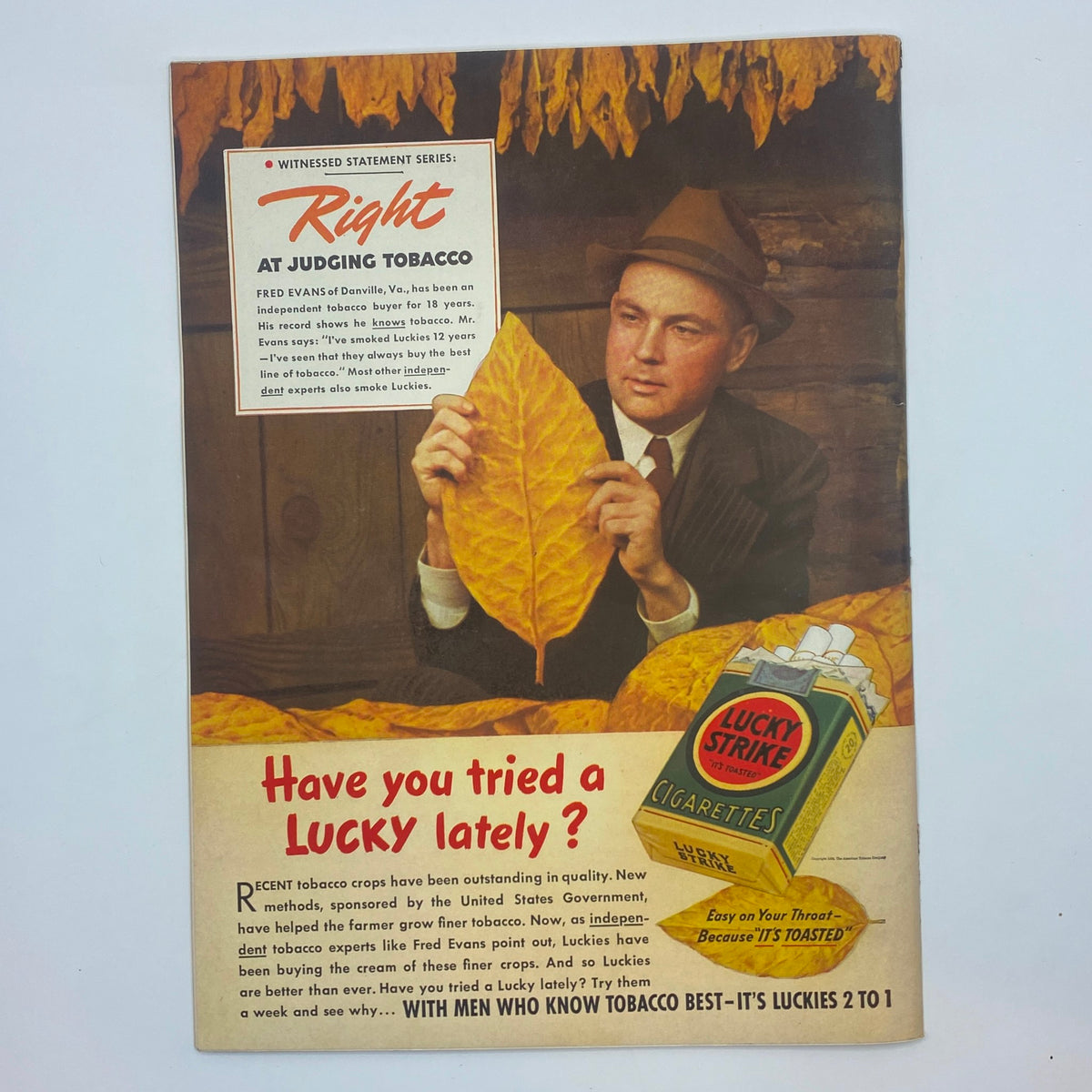 Advertisement for Lucky Strike cigarettes in The New Yorker Magazine from February 25, 1939, featuring a man judging tobacco leaves, highlighting quality and expertise.