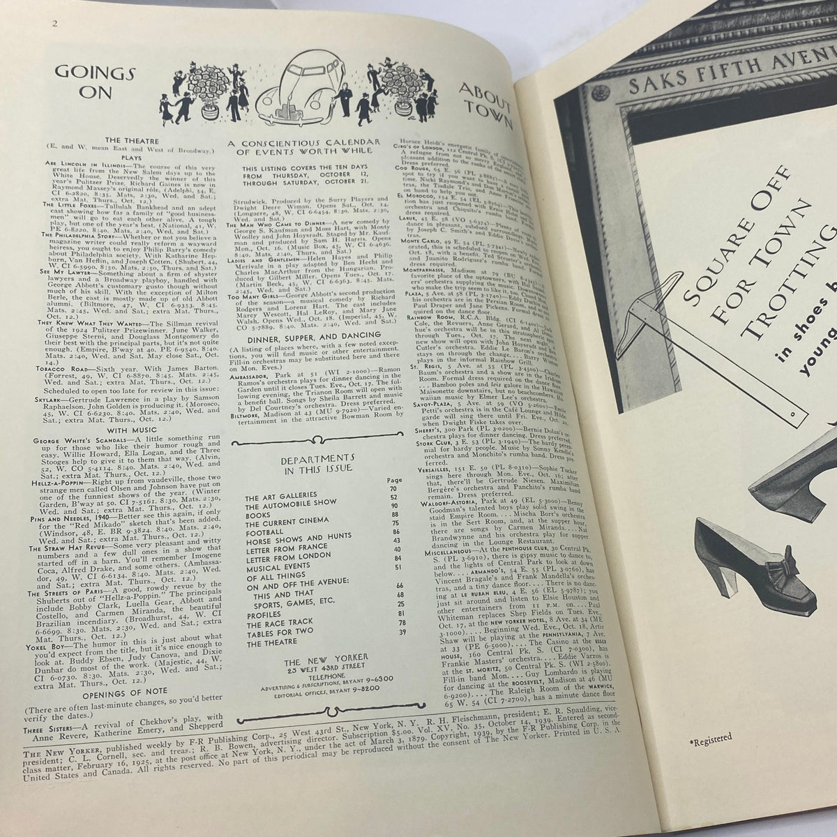 Inside pages of The New Yorker magazine from October 14, 1939 featuring events and entertainment listings, highlighting the vintage style and design associated with the publication.