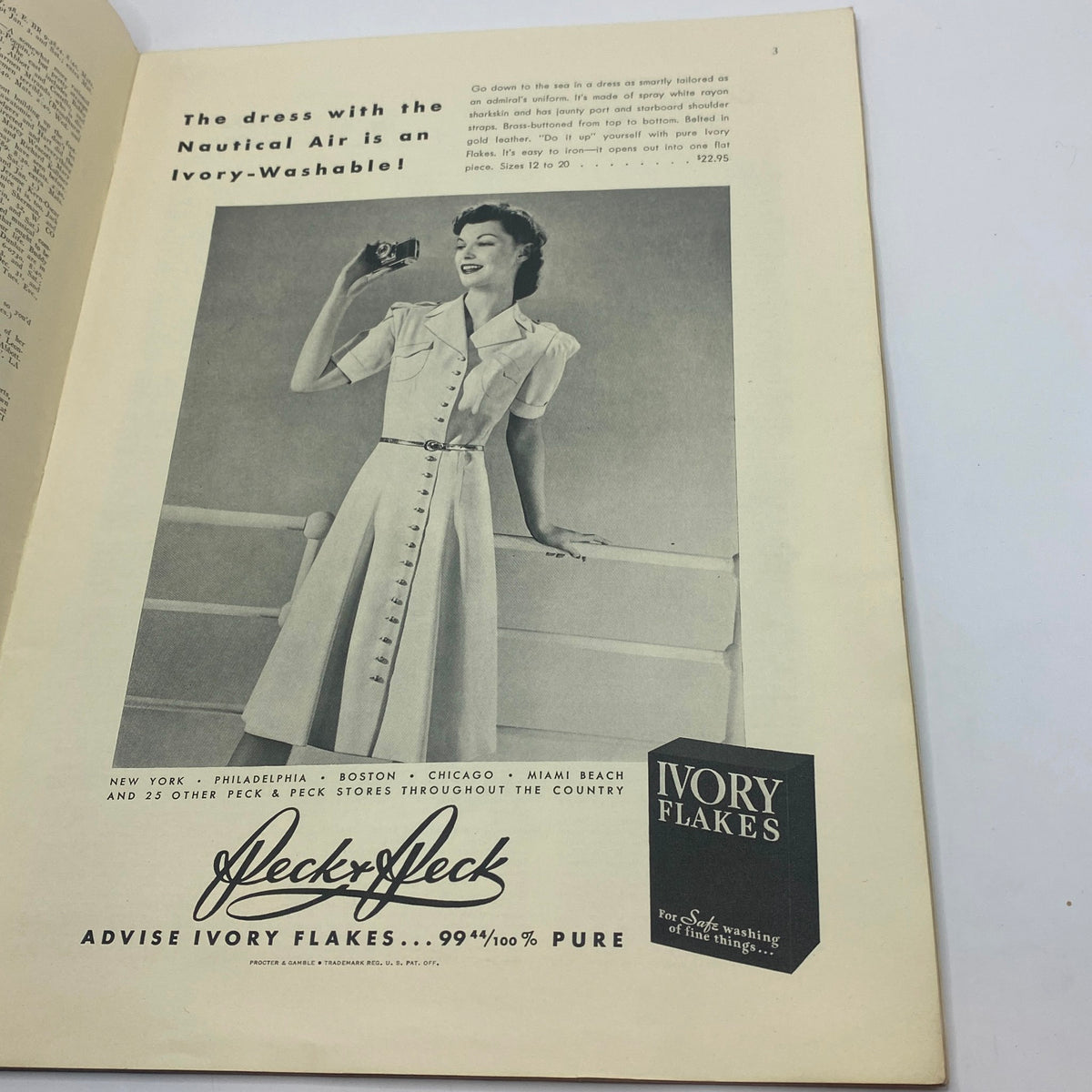 Vintage advertisement featuring a woman in an ivory-washable dress with nautical air, from The New Yorker Complete Magazine December 30, 1939 Charles 'Chas' Addams Cover.