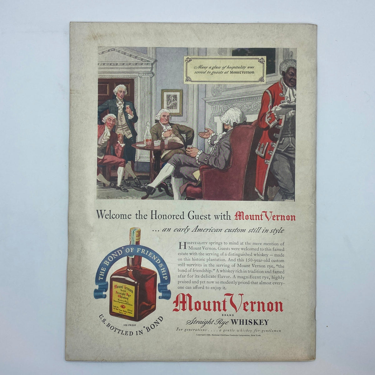 Historical advertisement for Mount Vernon rye whiskey showcasing guests enjoying hospitality in a stylized setting, from The New Yorker Complete Magazine December 30, 1939 Charles 'Chas' Addams Cover.
