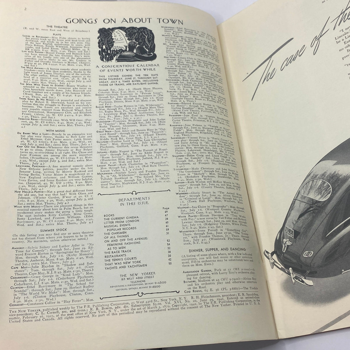 Interior pages of The New Yorker Complete Magazine June 29, 1940 featuring an article titled 'Goings On About Town' and a calendar of events, highlighting the vintage charm of the publication.