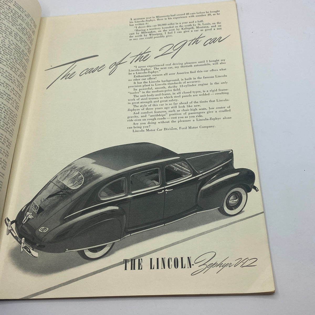 Ad page from The New Yorker Complete Magazine June 29, 1940 showcasing a Lincoln Zephyr car with an article titled 'The case of the 29th car', reflecting mid-20th century automotive marketing.