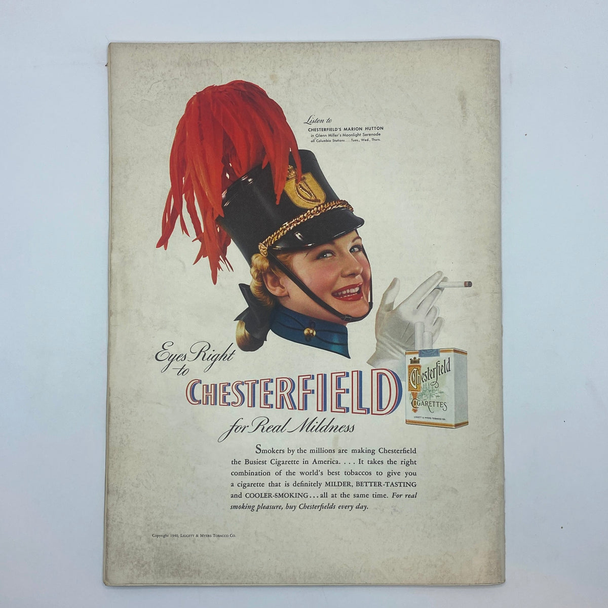 The New Yorker Complete Magazine June 29, 1940 featuring a Mary Petty cover with a vintage advertisement for Chesterfield cigarettes, showcasing a woman in a military-style uniform holding a cigarette, capturing 1940s advertising charm.
