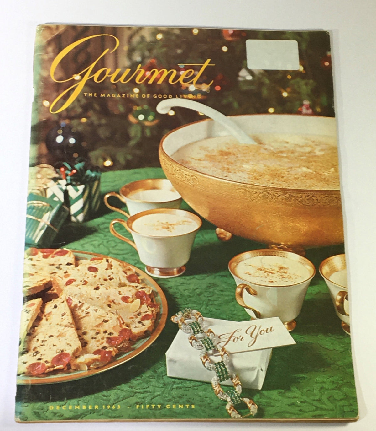 Cover of VTG Gourmet The Magazine of Good Living December 1963 featuring elegant holiday-themed table setting with egg cups and festive decor.