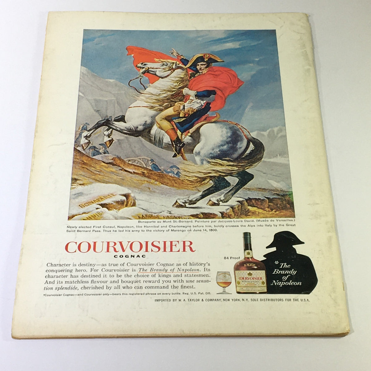 Cover of VTG Gourmet The Magazine of Good Living December 1963 featuring Napoleon's historic crossing of the Alps with a striking visual advertisement for Courvoisier Cognac.